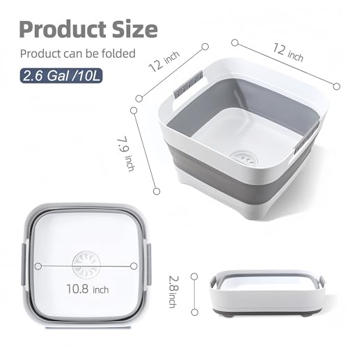 2.6 Gal/10L Collapsible Wash Basin with Drain Plug, Dish Tub | Portable Large Capacity Space-Saving Tub for Baby Bottles, RV, Camping, Kitchen, Travel & Outdoor Use - color: Gray