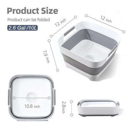 2.6 Gal/10L Collapsible Wash Basin with Drain Plug, Dish Tub | Portable Large Capacity Space-Saving Tub for Baby Bottles, RV, Camping, Kitchen, Travel & Outdoor Use - color: Gray