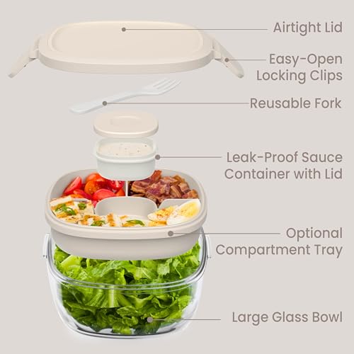 Bentgo Glass Salad Container - 7.6-Cup Salad Bowl with Airtight Lid, Leak-Proof Sauce Container, 4-Compartment Bento Tray & Reusable Fork - BPA-Free for Meal Prep, Office & More (White Stone Tan) - color: White Stone Tan