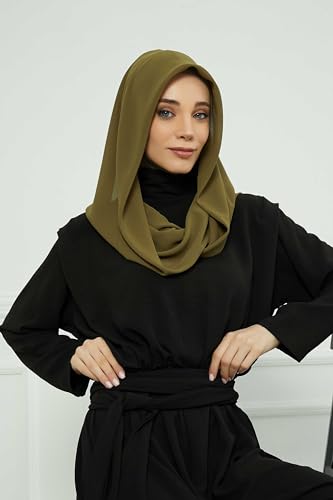 Aisha's Design Pre-tied Cotton-Chiffon Scarf for Women Practical Veil Instant Scarf Hijab Stylish Design - color: Khaki