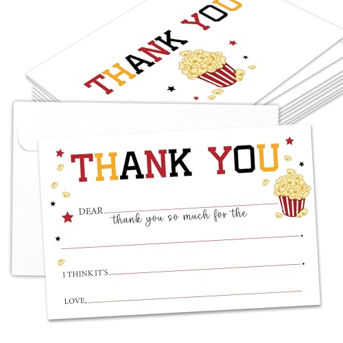 Kids Thank You Cards with Envelopes, Movie Night Theme Fill in the Blank Thank You Notes for Kids, Toddler Stationery Set, Ideal for Birthday Party, Graduation & School Gag Gifts - B10 - color: Movie Night Style