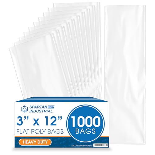 3" X 12" Open-End Flat Poly Bags (1000 Count) - 2 Mil Clear | Heat-Sealable Plastic Bags for Packaging, Shipping, Storage - No Adhesive Strip - Spartan Industrial - size: 3" X 12"