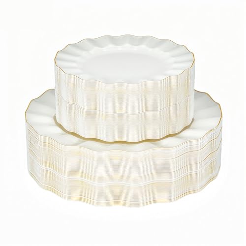 120PCS Ivory White Plastic Plates, Wavy Plates with Gold Rim - color: Ivory White, size: 120PCS