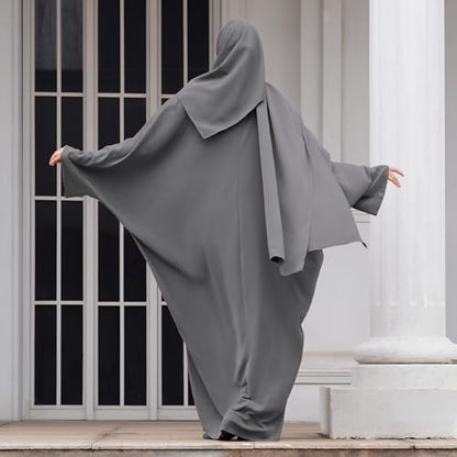 IDOPIP Abayas for Women Muslim Dress with Hijab, One-Piece Long Sleeve Islamic Prayer Dress with Khimar Jilbab Kaftan Clothes - color: Gray + Hijab