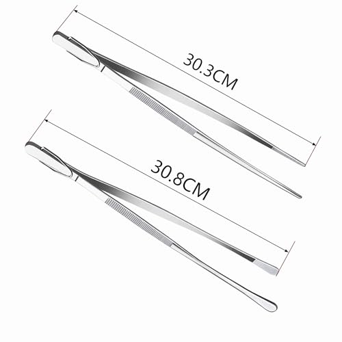 12Inch BBQ Long Forceps Tweezers, Serrated Flat Tips Science Surgical Tongs Jewelers Needle Metal Sewing Sharp Kitchen Cooking Tweezers With Teeth Knurled Handles - color: 2 Parks12in Bbq Tongs W/Hook