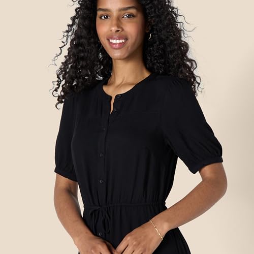 Amazon Essentials Women's Relaxed Fit Half-Sleeve Breathable Button Front Drawstring Waist Midi A-Line Dress with Pockets - color: Black, size: Large