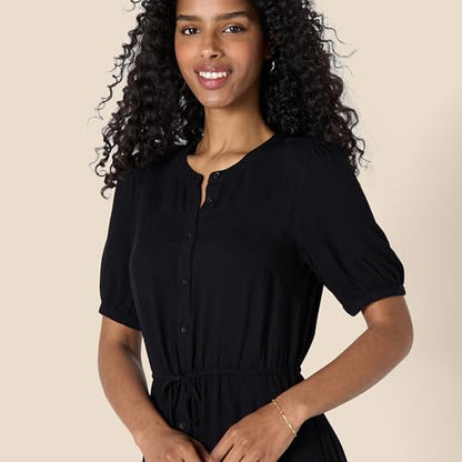 Amazon Essentials Women's Relaxed Fit Half-Sleeve Breathable Button Front Drawstring Waist Midi A-Line Dress with Pockets - color: Black, size: Large