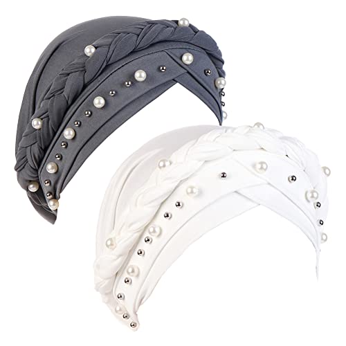 Fxhixiy Women Chemo Beanie Beaded Pearl Braid Turban Headwear for Hair Loss - color: White/Gray