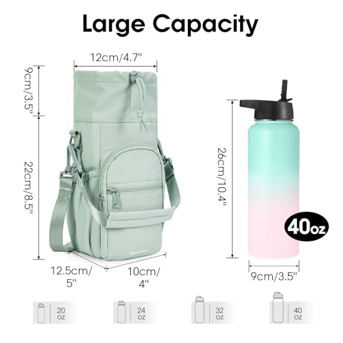 sportsnew 40oz Insulated Crossbody Water Bottle Bag Gym Hiking Phone Pocket | Water-resistant Lining, Padded Strap, Top Handle, Drawstring, Phone Pocket, Elastic Slots, Built-In Key Clip for Gym Walking - color: Sage Green