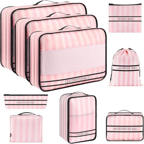 9 Set Packing Cubes Luggage Packing Organizers for Travel Accessories Space Saving Travel Bags for Carry On, Lightweight Mesh Zipper, Clothes, Shoes, Laundry and Shoe Bag, Suitcases (Pink) - color: Pink