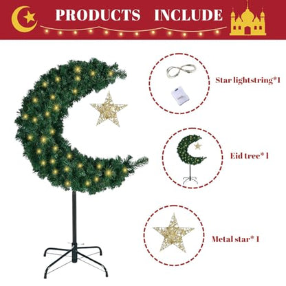 3ft Lighted Ramadan Moon Tree with Star Decorations, Islamic Crescent Artificial Decor for Home, Eid Tree