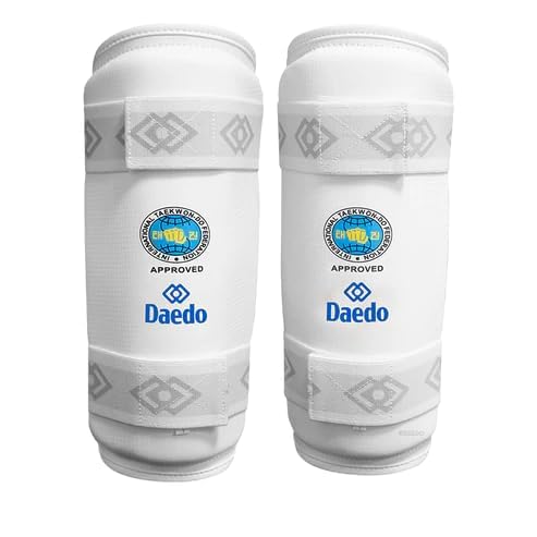 Daedo ITF Approved White Shin Guards – Martial Arts Leg Protectors – Lightweight Guards with Straps for Training - size: Small