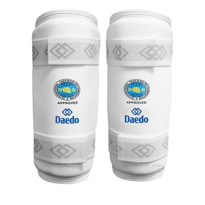 Daedo ITF Approved White Shin Guards – Martial Arts Leg Protectors – Lightweight Guards with Straps for Training - size: Small