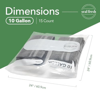 Seal Fresh 10 Gallon Large Plastic Storage Bags – 24" x 24" (15 Count) – Reusable XXL Extra Large Clear Jumbo Zip Bags with Sealable Zipper Top For Clothes, Travel, Moving - size: 10 Gallon - 15 Pack