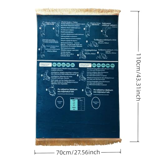 Read in English and say it in Arabic Guided Prayer Mat, Prayer Mat with Instructions, Non-Slip Bilingual Guided Prayer Mats for New Muslims, Salah and Meditation (Blue, 110x70cm)