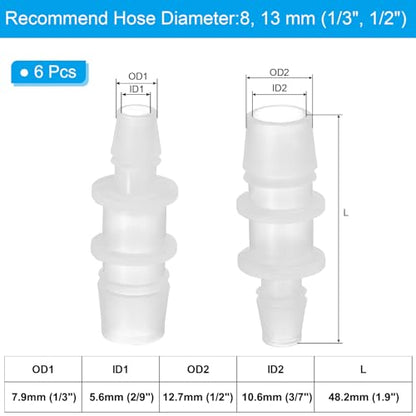 PATIKIL 1/3" to 1/2" 6 Pcs Plastic Hose Barb Fittings, Reducer Tube Fittings Pipe Adapter Union Splicer Joint Kit for Air Gas Water System Liquid Fuel Line Aquarium Tube Pump - size: 1/3"-1/2",(0.69"x1.9")