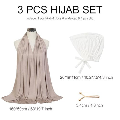 Hijab Scarf for Women, 3PCS Set with Undercap and Hijab Clip Lightweight Modal Muslim Head Wrap Scarf for Daily - color: Sy17-light Khika Hijab+white Undercap