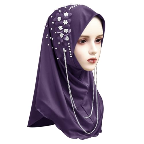 Women Soft One Piece Hijab Long Muslim Turban Islamic Full Head Scarf - color: Chains/Purple
