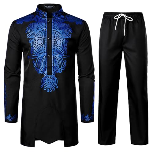 LucMatton Men's African Attire 2 Piece Dashiki Outfit - color: Black Royal Blue, size: Medium