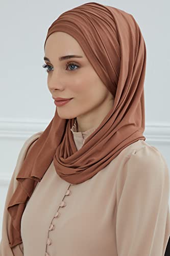 Aisha's Design Instant Hijab Scarves for Women, 95% Cotton Pretied Bonnet Turban Easy to Wear Cotton Headscarf - color: Caramel Brown