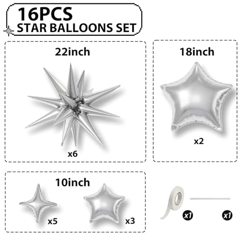 Silver Star Balloons,16Pcs 22/18/10 Inch Birthday Graduation Decorations - color: Silver