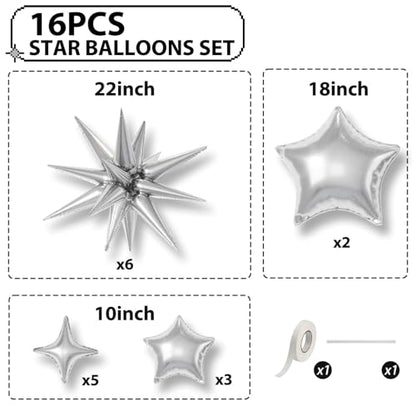 Silver Star Balloons,16Pcs 22/18/10 Inch Birthday Graduation Decorations - color: Silver