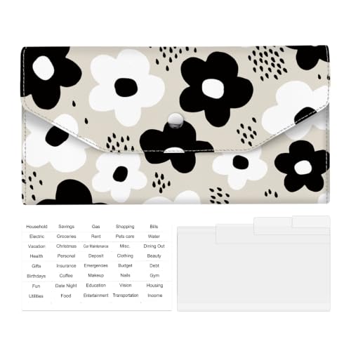 Cash Wallet & Money Envelopes for Cash, Reusable Leather Money Saving Envelop with Snap Closure and 4 Dividers & 1 Category Stickers, Cute Envelop Wallet for Women and Men Mono Flower - color: Mono Flower