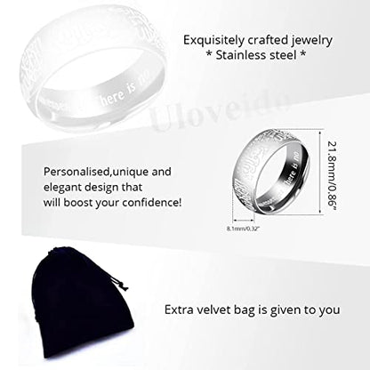 Uloveido Muslim Mohammad Arabic Letter Shahada Rings Gold Color Stainless Steel 8mm Wide Band Religious Allah Rings for Men and Women Y543 - color: Silver