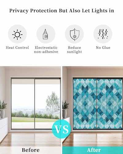 Window Privacy Film Teal Blue Diamond Window Clings for Glass Windows Modern Geometric Lines Windows Film Static Cling Frosted Windows Sticker Covering for Bathroom Living Room Office 23.6"x59" - size: 23.6"x59"