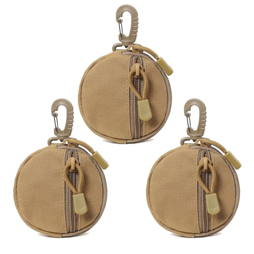 Small MOLLE Pouch with Carabiner Clip, Mini Coin Purse Keychain - color: Khaki 3 Pack