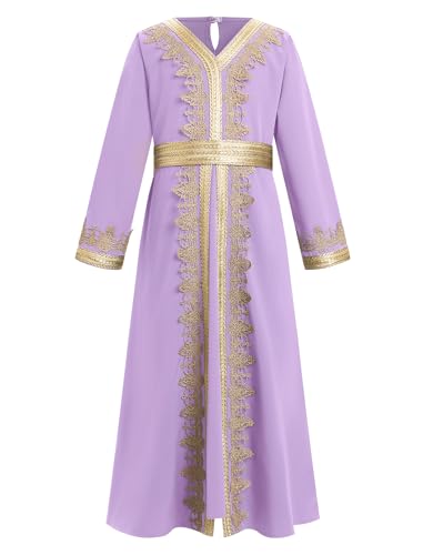 Muslim Dress for Kids Girls Abaya Middle East Ramadan Long Sleeve Lace Prayer Dress Arabic Kaftan with Belt - color: Light Purple, size: 7-8 Years