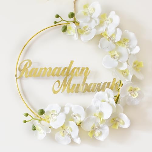 Ramadan Mubarak Wreath,Wreath Ramadan Decorations for Home Front Door,Round Metal Hoop Floral Hanging Garland for Wall Window Indoors Outdoor Farmhouse Decor - color: Round Wreath