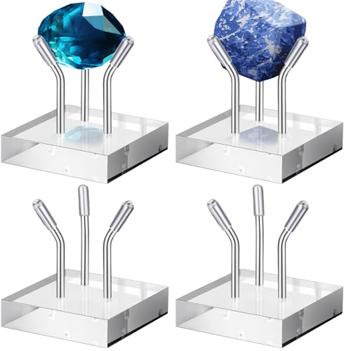 Weysat 4 Pack Clear Acrylic Display Stand, Metal 3 Peg Rock Display Easel Stands for Fossil Coral Crystal Geodes Rock Mineral Agate Small Collectibles Acrylic Holder - color: Silver, size: 1.6”x1.6”x1.6”
