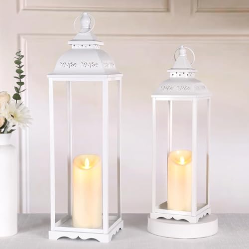 Decorative Candle Lanterns, Large 2Pcs, White Metal for Indoor & Outdoor - color: White, size: 22"&17"