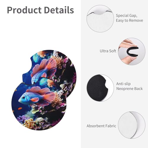 Coral Reef Fish Aquarium Car Cup Holder Coasters 2 Pcs Car Coaster Anti Slip Car Cup Pad Universal Car Interior Cup Holder Pads Rubber Car Cup Mat with A Finger Notch