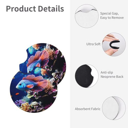 Coral Reef Fish Aquarium Car Cup Holder Coasters 2 Pcs Car Coaster Anti Slip Car Cup Pad Universal Car Interior Cup Holder Pads Rubber Car Cup Mat with A Finger Notch