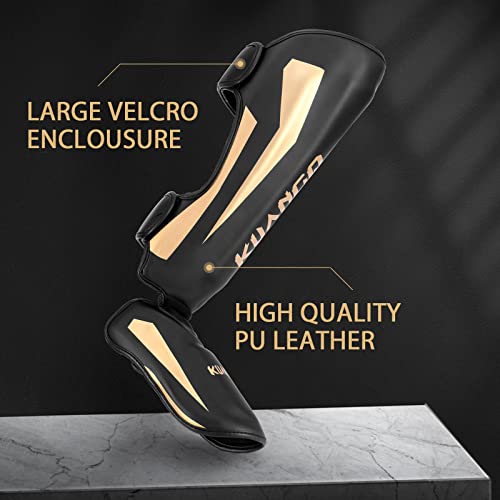Muay Thai Shin Guards, Muay Thai Martial Arts Kicking Leg Instep Protection Pads Sparring Gear,for Kickboxing MMA Training and Sparring,Professional MMA Equipment - color: Black-Gold, size: Large