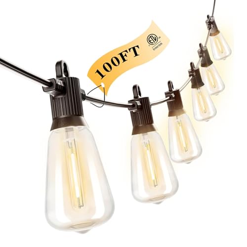 Kawaya Outdoor String Lights 100 FT LED Patio Light - 50+2 Shatterproof Vintage Edison Bulbs - 2700K Dimmable IP65 Waterproof Outside Hanging Lighting for Yard Porch Deck Balcony Bistro Cafe Party - size: 100FT