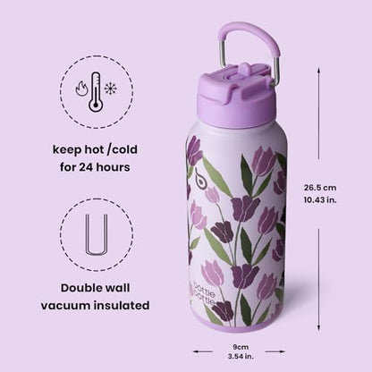 BOTTLE BOTTLE 32oz Insulated Water Bottle with Pill Box | Stainless Steel,Sport Water Bottle, with Straw Dual-use Lid and Pill Box, Design for Gym - color: purple tulips