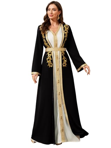 Elegant Muslim Dress with Gold Embroidered Evening Gown, Traditional Islamic Attire - color: A-black, size: X-Large