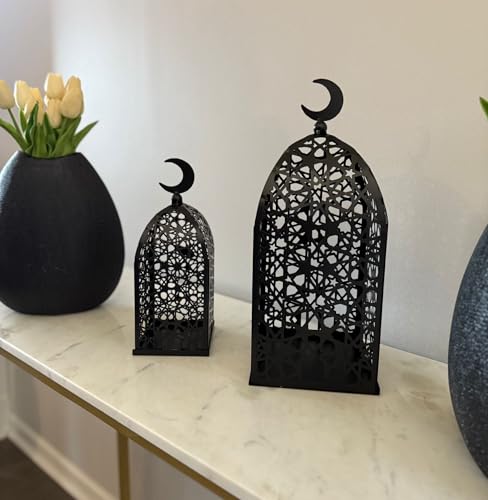 Lantern Set Candle Holder Set of 2 - Islamic Ramadan Eid Decor Crescent Moon Modern Metal Indoor & Outdoor for Home Decorations (Black) - color: Black