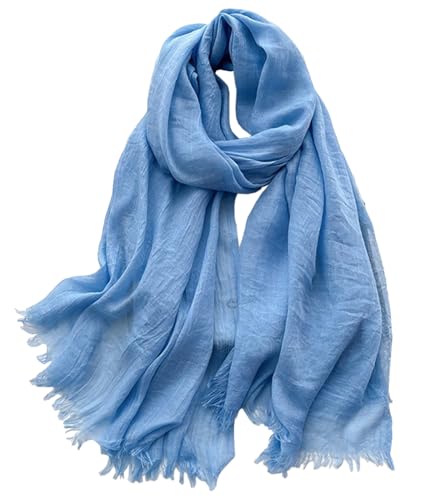 Solid color cotton and linen scarf, wrinkled all season versatile long sunscreen fashionable shawl - color: Light Blue