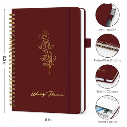 Taja Undated Weekly Planner, Weekly To Do List Notebook with Goal & Habit Tracker Organizer, A5 Weekly Planner Notebook with Spiral Binding, 6.1" x 8.2" - Burgundy - color: q.Burgundy