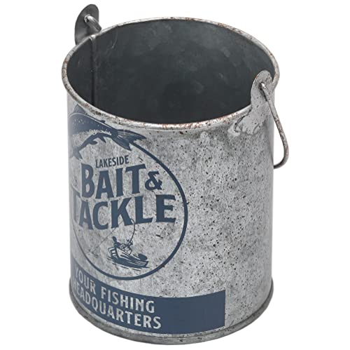 Lakeside Bait and Tackle Metal Bucket - Decorative Fishing Pail for Pencils, TV Remotes or Tools