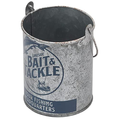 Lakeside Bait and Tackle Metal Bucket - Decorative Fishing Pail for Pencils, TV Remotes or Tools