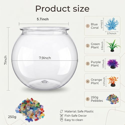 1 Gallon Clear Plastic Fish Bowl Kit with Coral, Artificial Plants & Stones | for Betta Fish, for Desk Decor, Vases and Party Displays
