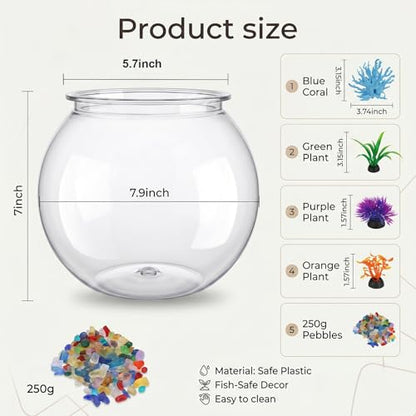 1 Gallon Clear Plastic Fish Bowl Kit with Coral, Artificial Plants & Stones | for Betta Fish, for Desk Decor, Vases and Party Displays