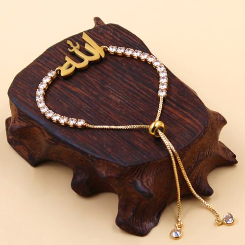 Allah Bracelet for Men and Women, Zircon Tennis Chain Adjustable Low Sensitivity Islamic True God Jewelry for Husband Wife Mom Dad's Religious Belief Gift - color: gold