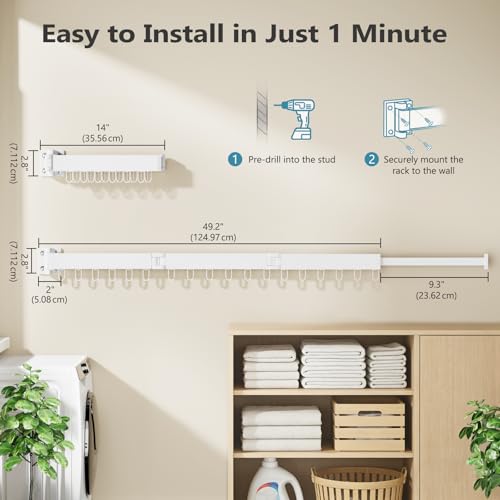 JAUREE Clothes Drying Rack Wall Mounted, Space-Saving Drying Rack Clothing, Collapsible Foldable Retractable Laundry Rack with 18 Hooks, Indoor/Outdoor, White - color: White