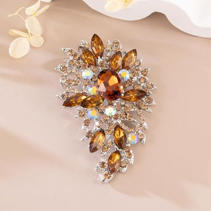 SELOVO Women's Rhinestone Crystal Wedding Flower Leaf Sparkle Brooch Pin - color: Brown